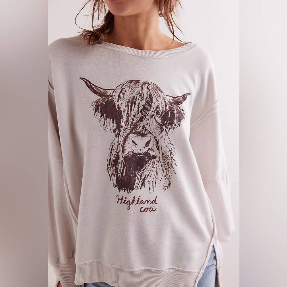 NWOT Free People We The Free Graphic Camden Pullover - highland cow combo - XS - Picture 3 of 11